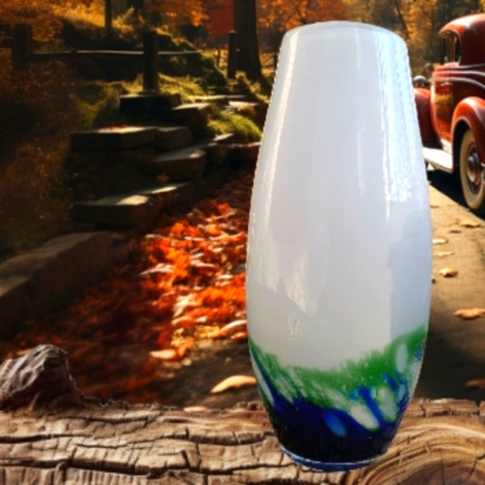 Cobalt & Green Glass Bubble Bottom Rare Vintage Vase